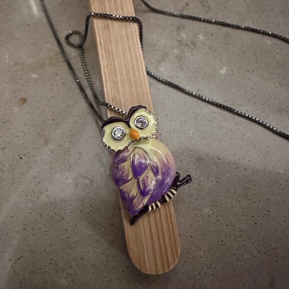 Sterling Silver Hand-Painted Modish Owl with Clear CZ Pendant Necklace - Picture 1 of 6
